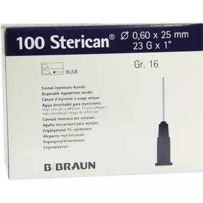 STERICAN Cannule Luer-Lok 0,60x25 mm misura 16 blu, 100 pezzi